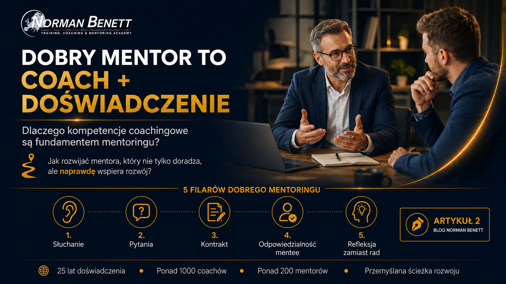 Mentor rozmawia z uczniem o coachingu.